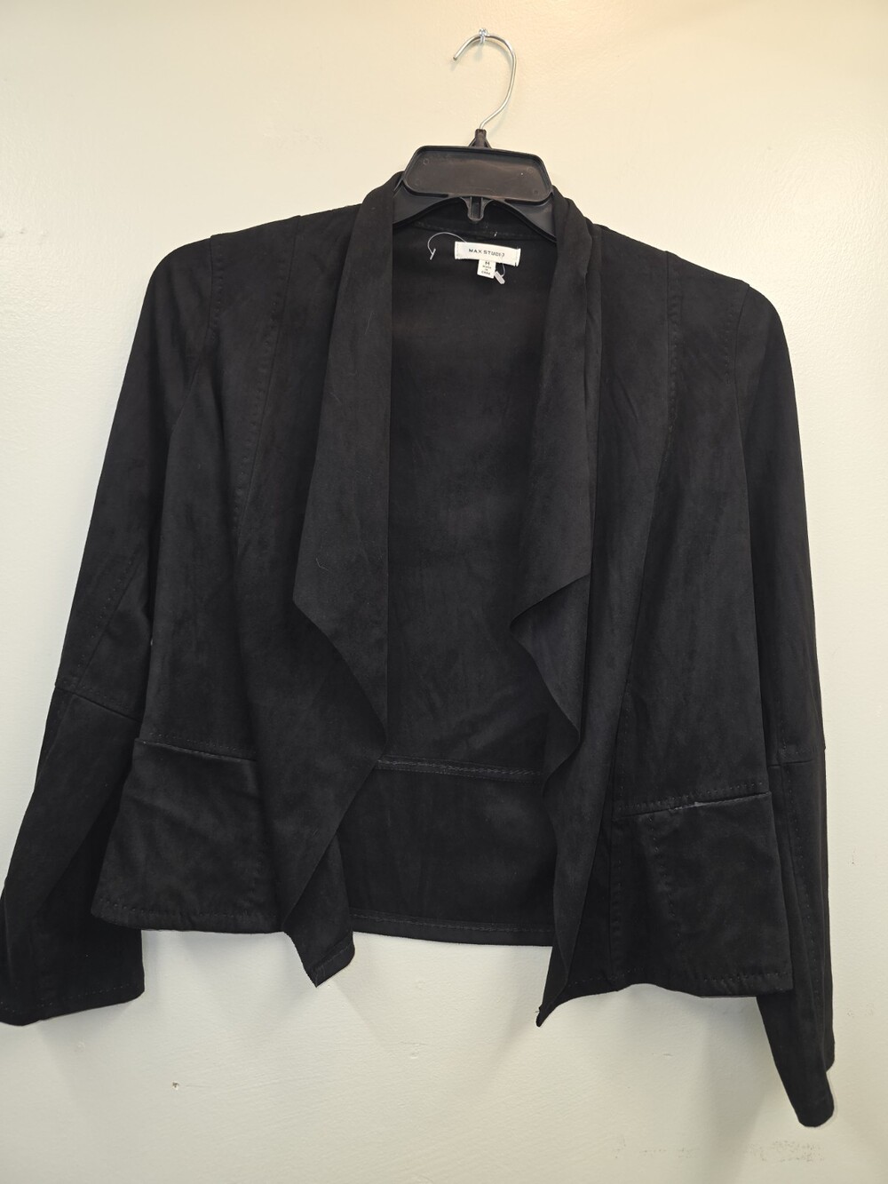 Max Studio Women's Black Open Front Jacket Long Sleeve Pockets Short Size M